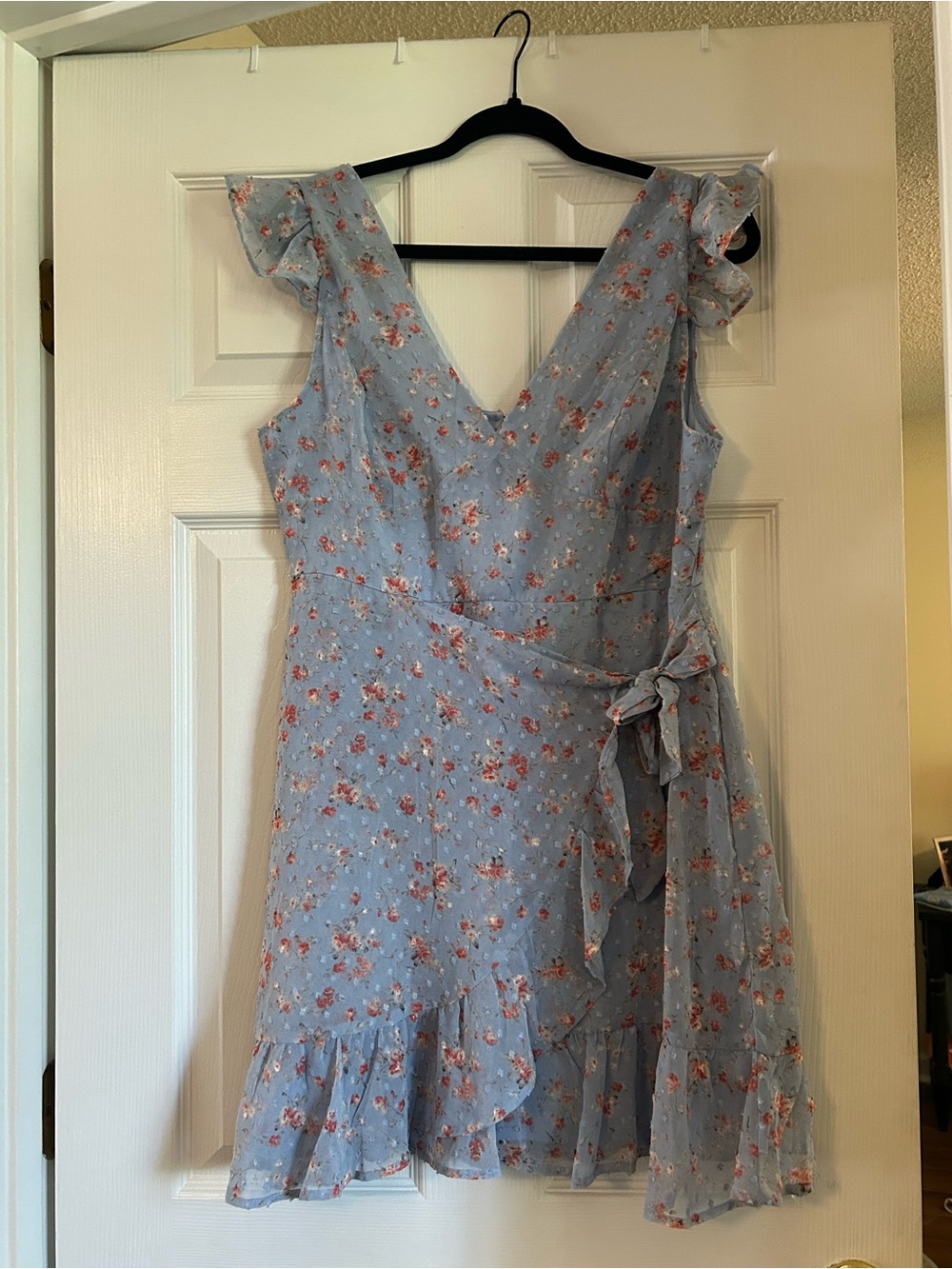 Light Blue Floral Wrap Mini Dress with Ruffle Hem